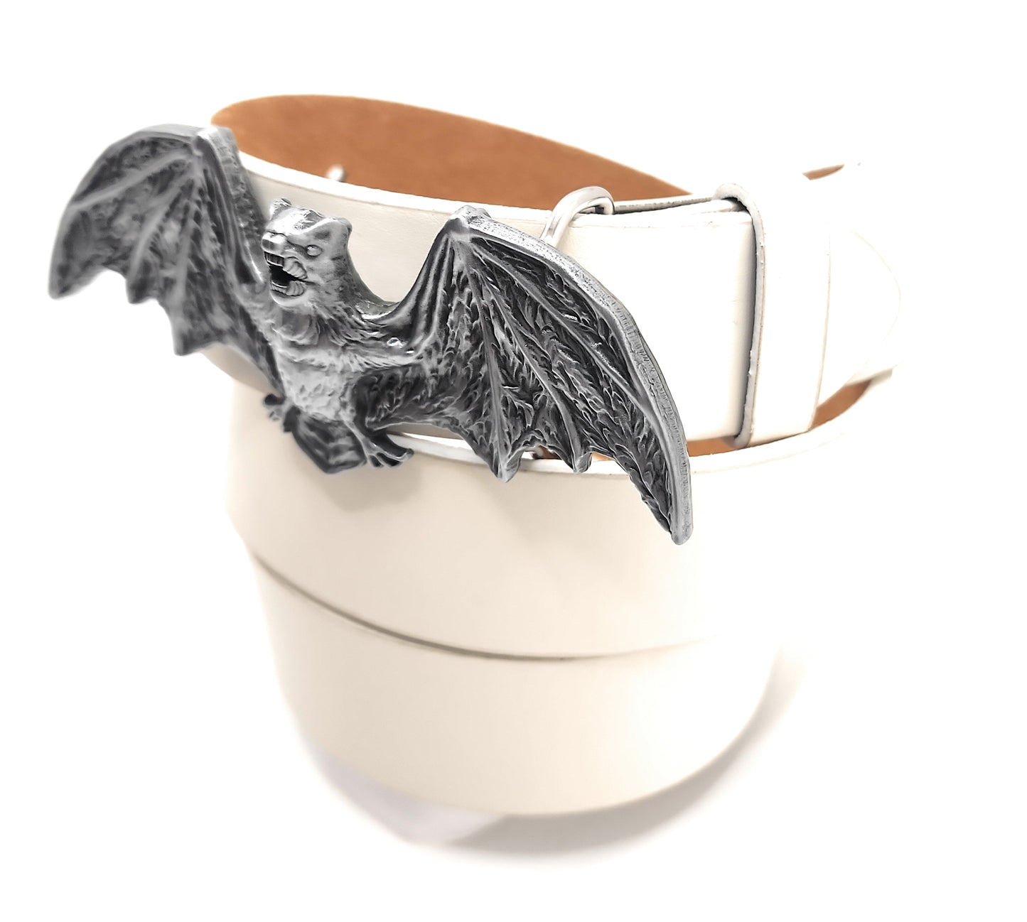 White belt with a silver bat wings belt buckle on a white background