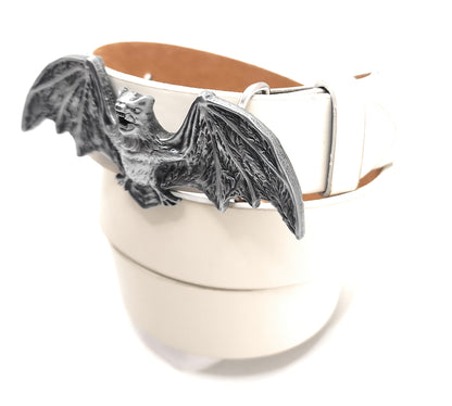 White belt with a silver bat wings belt buckle on a white background