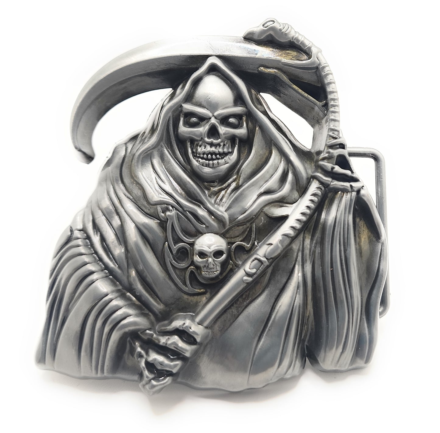 Grim Reaper Belt Buckle – 3D Jumbo Skull and Scythe Gothic Statement Buckle for Biker, Goth, Punk & Halloween Style