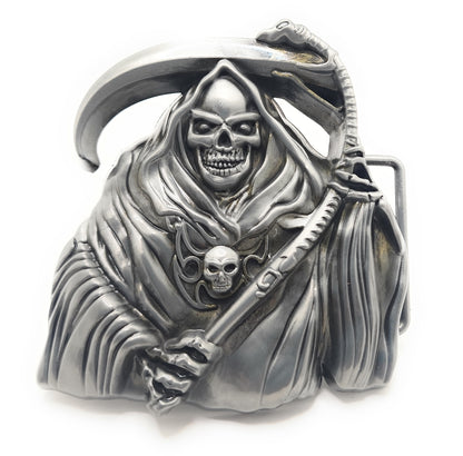 Grim Reaper Belt Buckle – 3D Jumbo Skull and Scythe Gothic Statement Buckle for Biker, Goth, Punk & Halloween Style