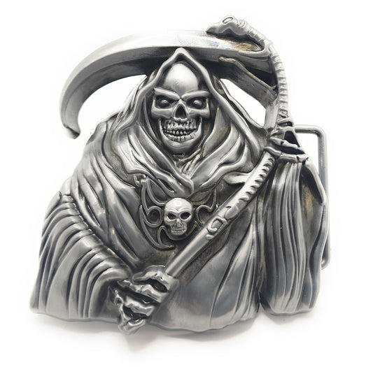 Grim Reaper Belt Buckle – 3D Jumbo Skull and Scythe Gothic Statement Buckle for Biker, Goth, Punk & Halloween Style