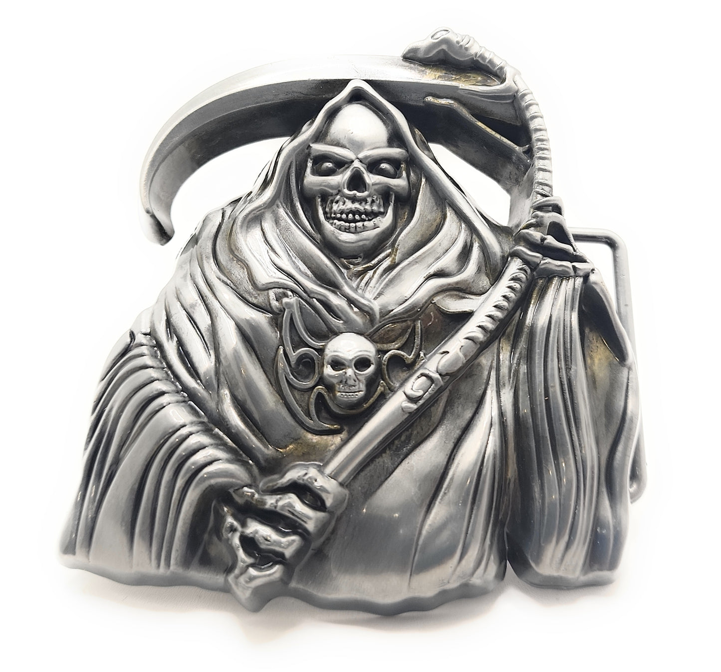 Grim Reaper Belt Buckle – 3D Jumbo Skull and Scythe Gothic Statement Buckle for Biker, Goth, Punk & Halloween Style