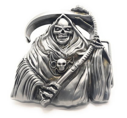 Grim Reaper Belt Buckle – 3D Jumbo Skull and Scythe Gothic Statement Buckle for Biker, Goth, Punk & Halloween Style