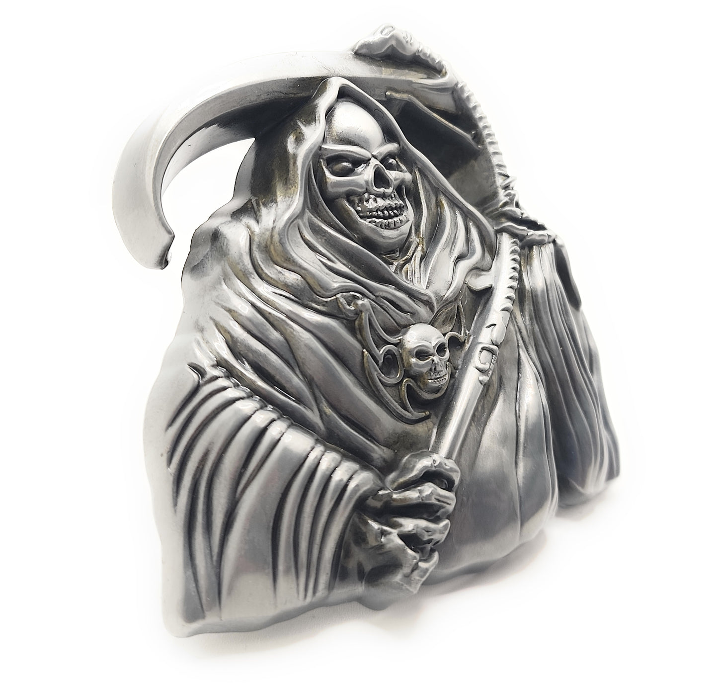 Grim Reaper Belt Buckle – 3D Jumbo Skull and Scythe Gothic Statement Buckle for Biker, Goth, Punk & Halloween Style