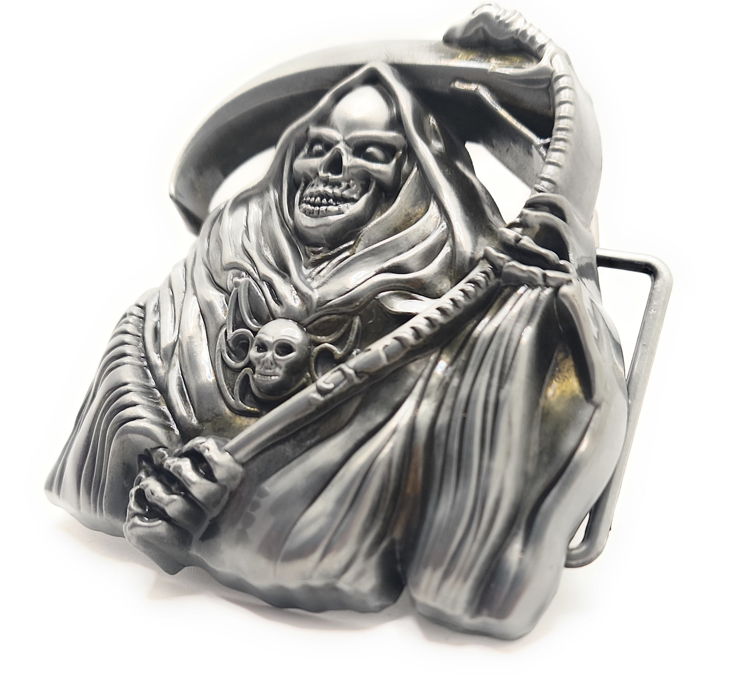 Grim Reaper Belt Buckle – 3D Jumbo Skull and Scythe Gothic Statement Buckle for Biker, Goth, Punk & Halloween Style