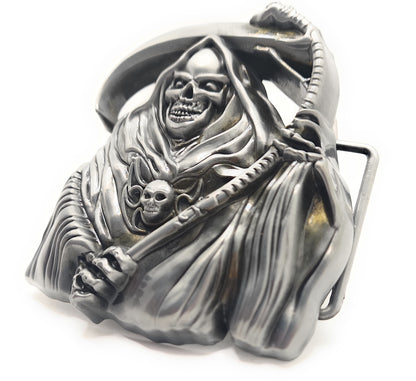Grim Reaper Belt Buckle – 3D Jumbo Skull and Scythe Gothic Statement Buckle for Biker, Goth, Punk & Halloween Style