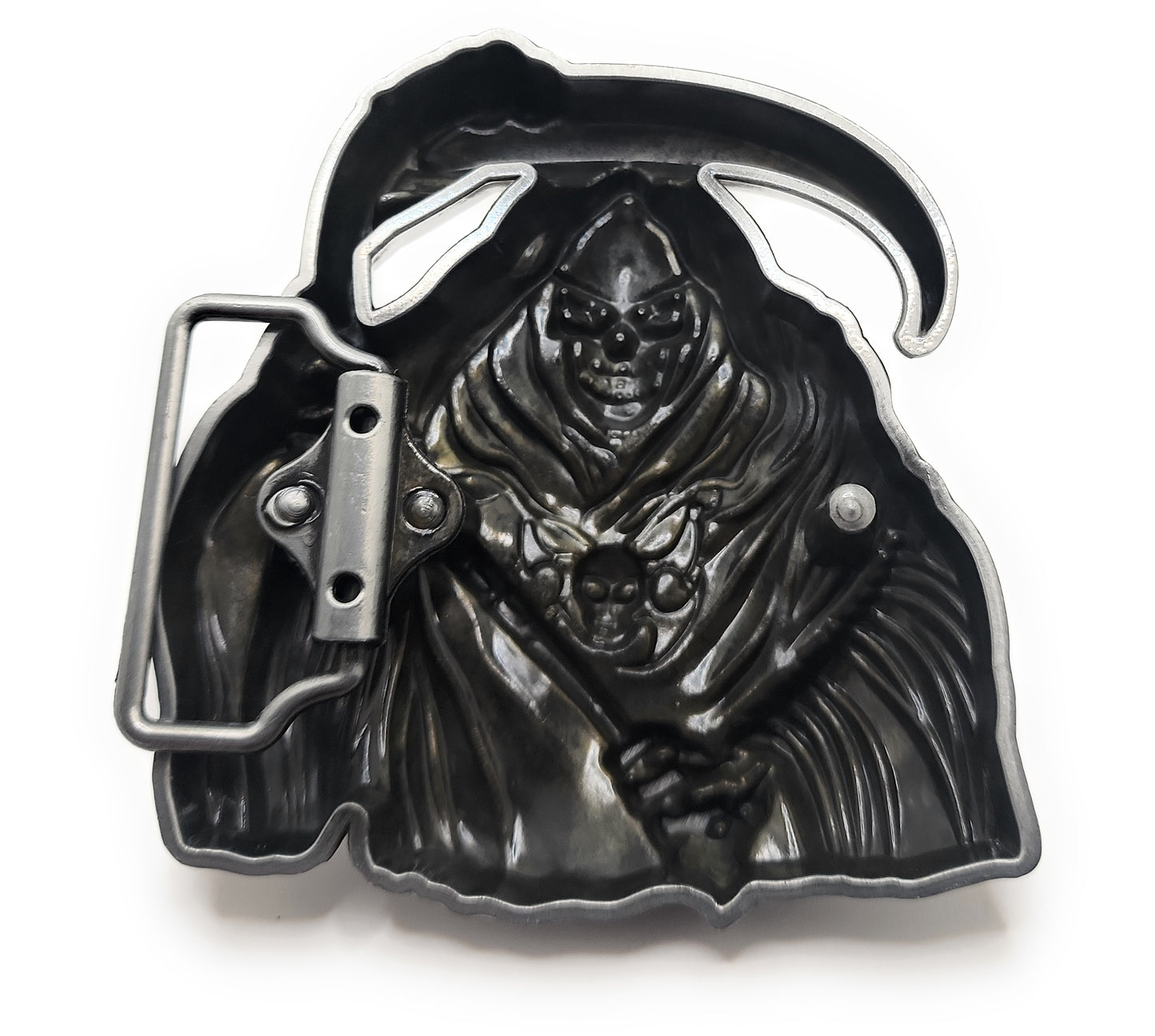 Grim Reaper Belt Buckle – 3D Jumbo Skull and Scythe Gothic Statement Buckle for Biker, Goth, Punk & Halloween Style