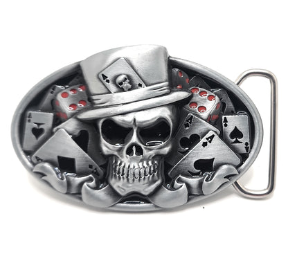 Skull Poker Belt Buckle – Grinning Top Hat Skull with Cards and Dice Gothic Casino Gambler Statement Buckle