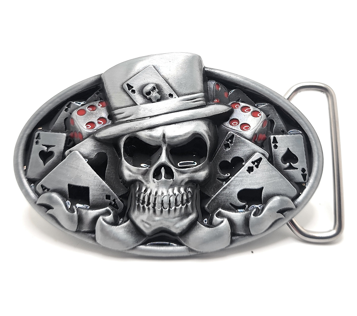 Skull Poker Belt Buckle – Grinning Top Hat Skull with Cards and Dice Gothic Casino Gambler Statement Buckle