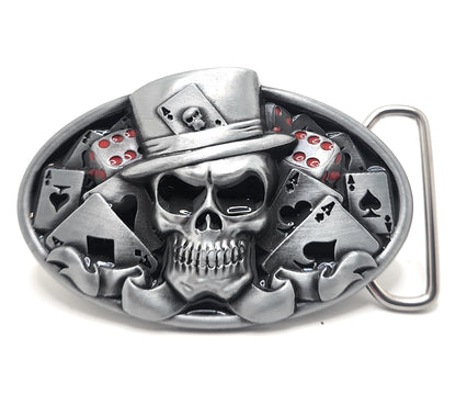 Skull Poker Belt Buckle – Grinning Top Hat Skull with Cards and Dice Gothic Casino Gambler Statement Buckle