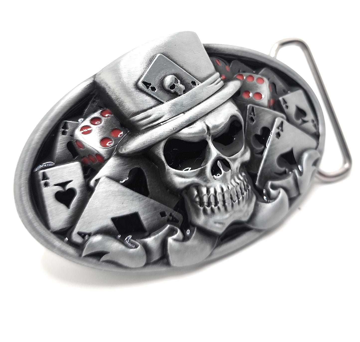 Skull Poker Belt Buckle – Grinning Top Hat Skull with Cards and Dice Gothic Casino Gambler Statement Buckle