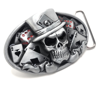 Skull Poker Belt Buckle – Grinning Top Hat Skull with Cards and Dice Gothic Casino Gambler Statement Buckle