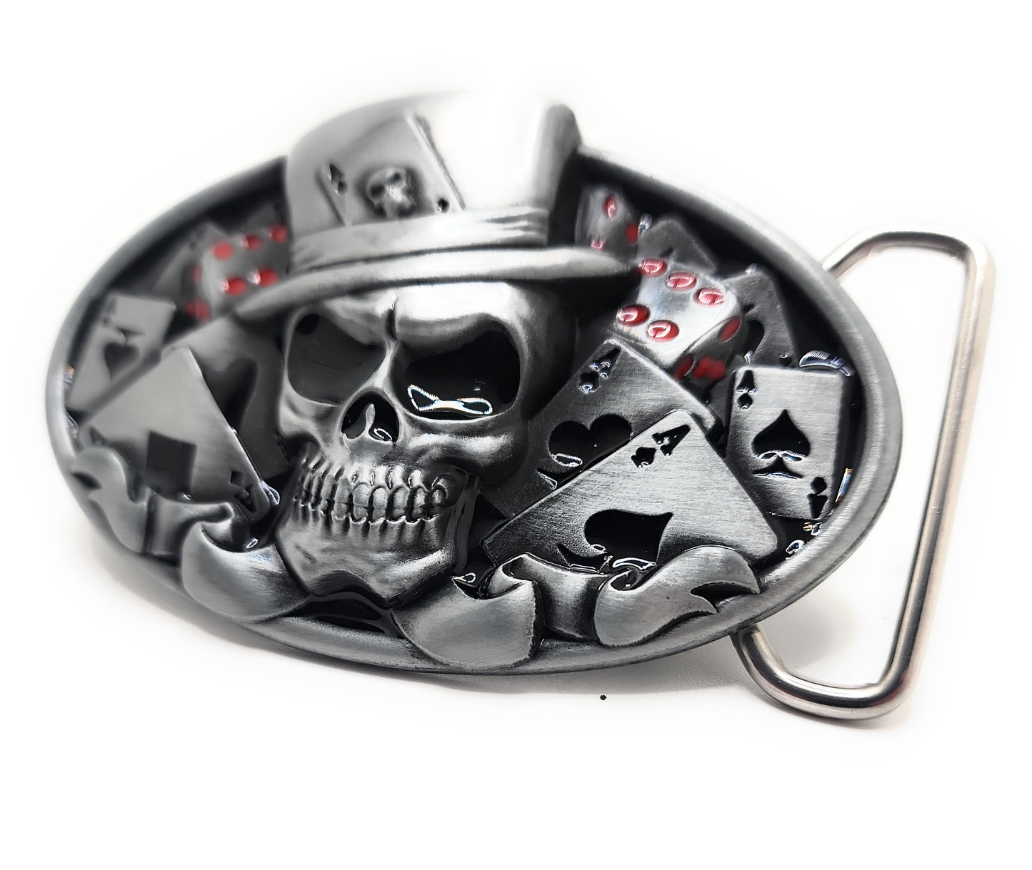 Skull Poker Belt Buckle – Grinning Top Hat Skull with Cards and Dice Gothic Casino Gambler Statement Buckle