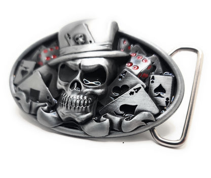 Skull Poker Belt Buckle – Grinning Top Hat Skull with Cards and Dice Gothic Casino Gambler Statement Buckle