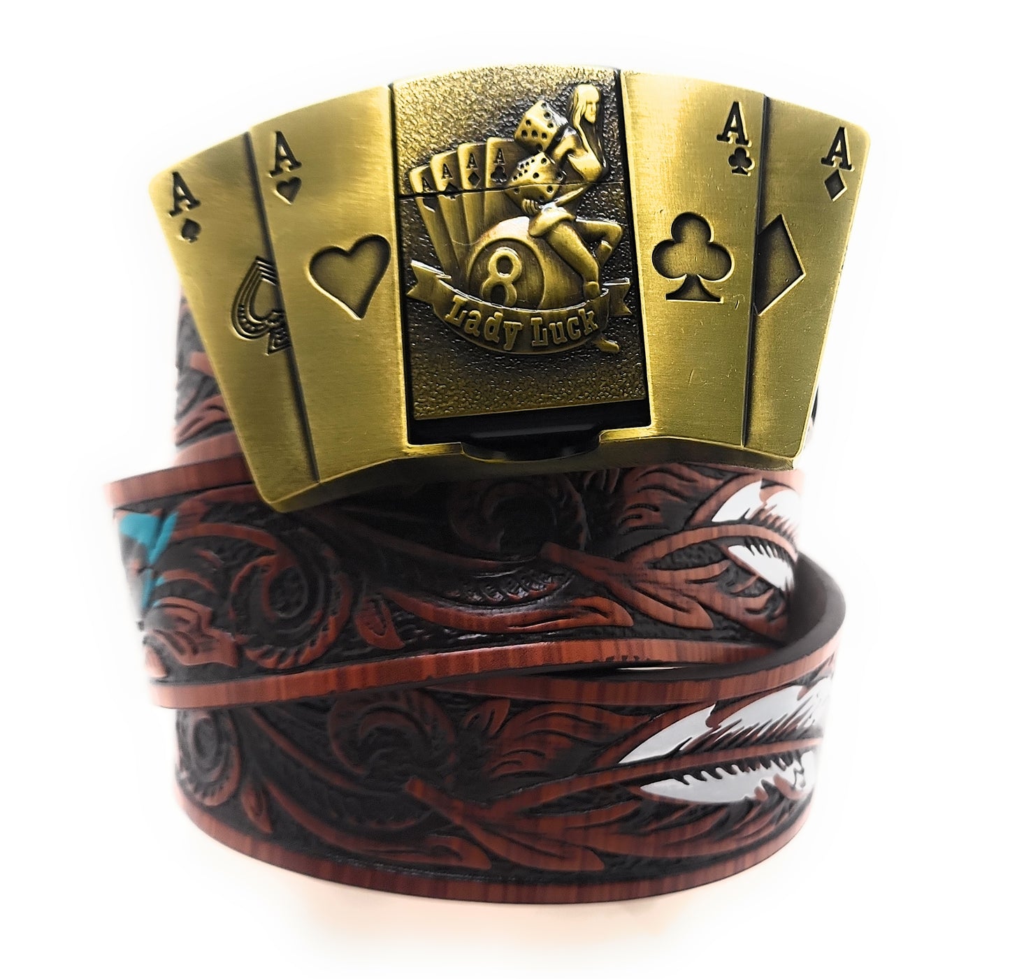 Lady Luck 4 Aces Lighter Belt – Gold Casino Poker Belt Buckle with Lucky Dice Pinup Design and Dark Brown Feather Belt