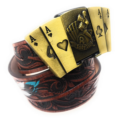 Lady Luck 4 Aces Lighter Belt – Gold Casino Poker Belt Buckle with Lucky Dice Pinup Design and Dark Brown Feather Belt