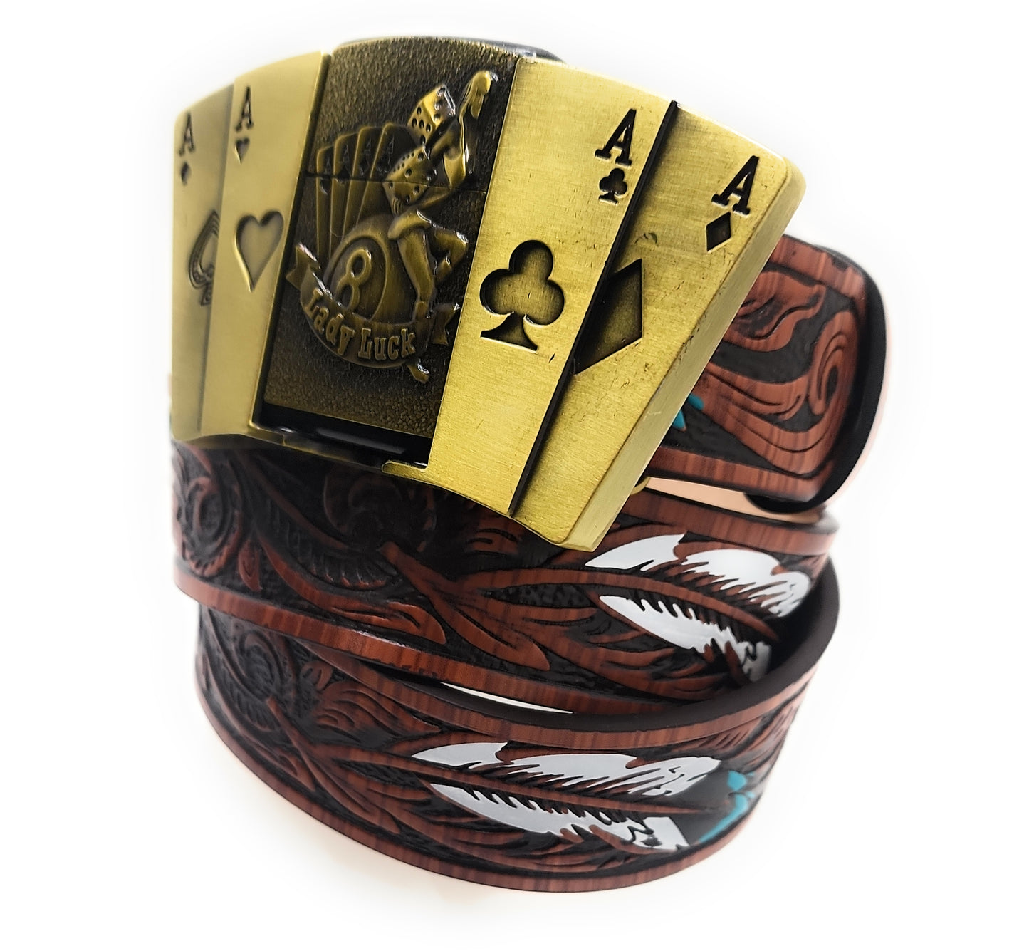 Lady Luck 4 Aces Lighter Belt – Gold Casino Poker Belt Buckle with Lucky Dice Pinup Design and Dark Brown Feather Belt
