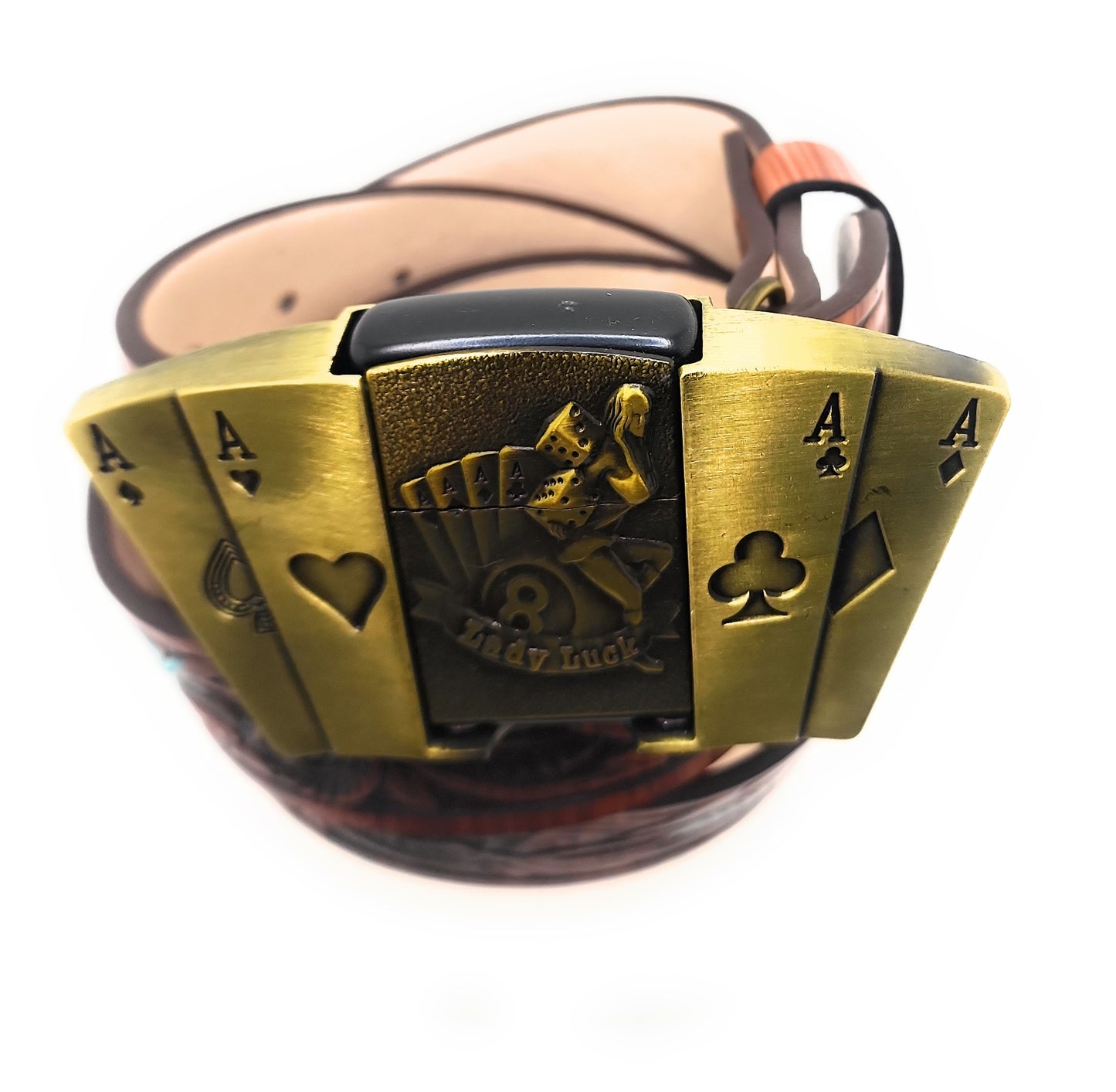 Lady Luck 4 Aces Lighter Belt – Gold Casino Poker Belt Buckle with Lucky Dice Pinup Design and Dark Brown Feather Belt