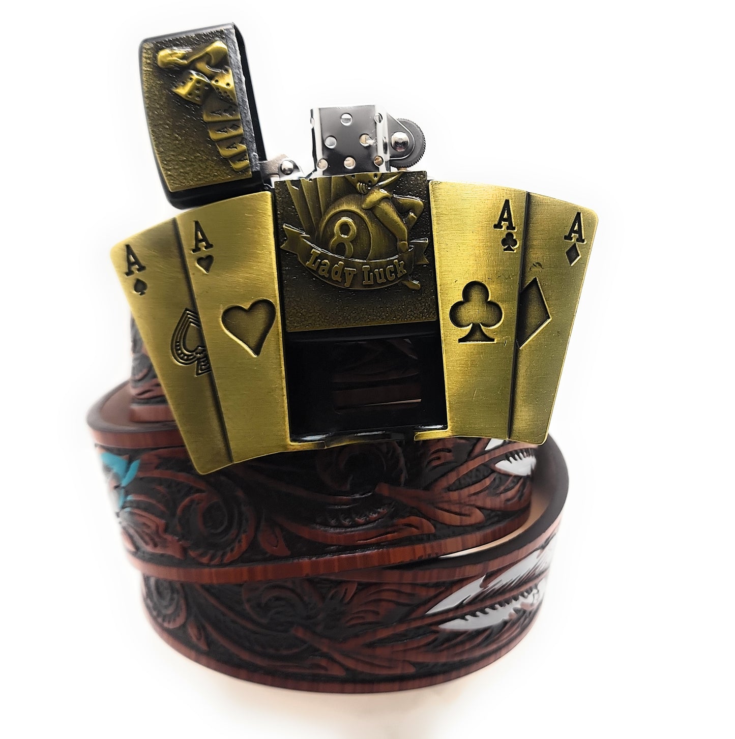 Lady Luck 4 Aces Lighter Belt – Gold Casino Poker Belt Buckle with Lucky Dice Pinup Design and Dark Brown Feather Belt