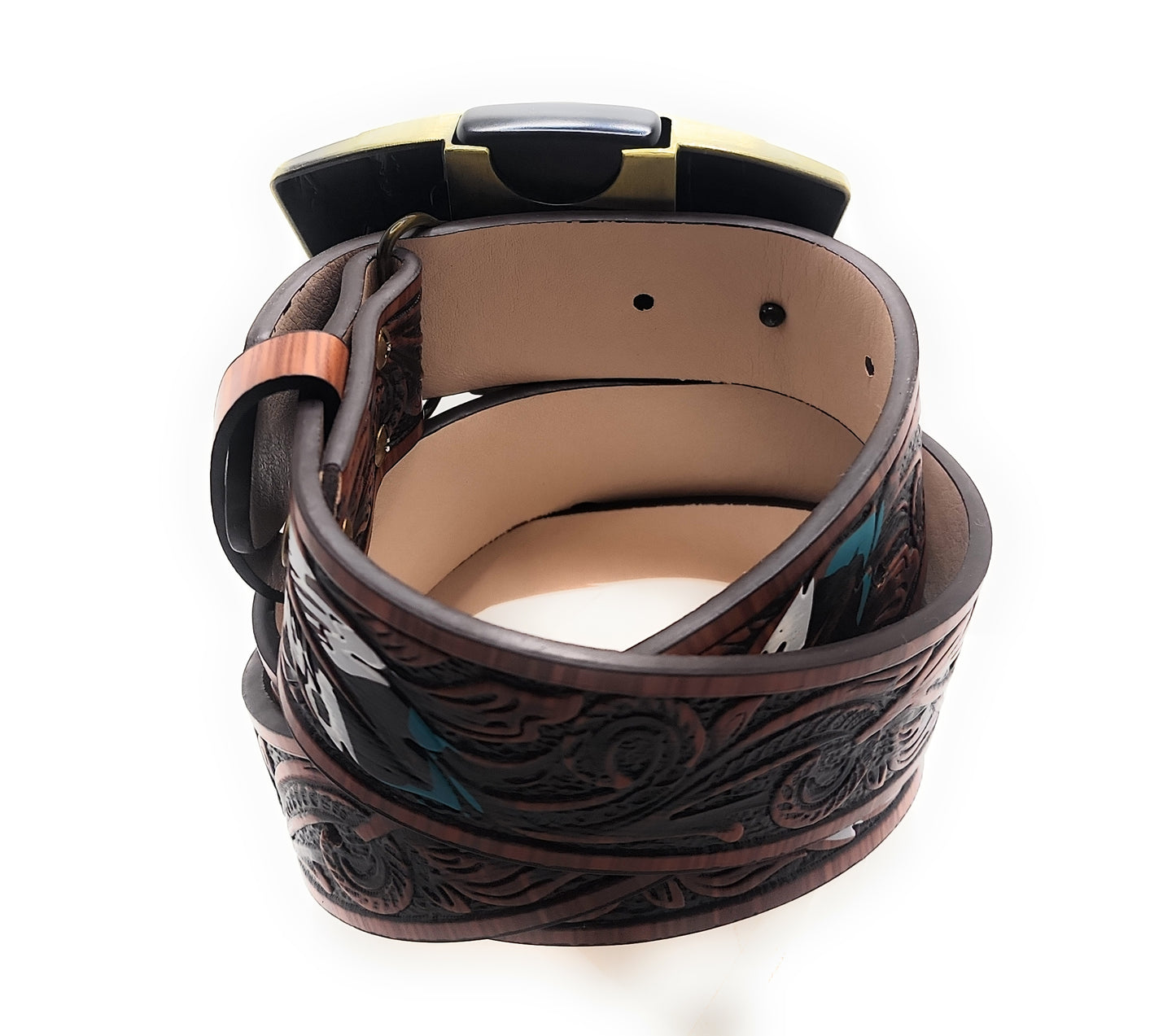 Lady Luck 4 Aces Lighter Belt – Gold Casino Poker Belt Buckle with Lucky Dice Pinup Design and Dark Brown Feather Belt