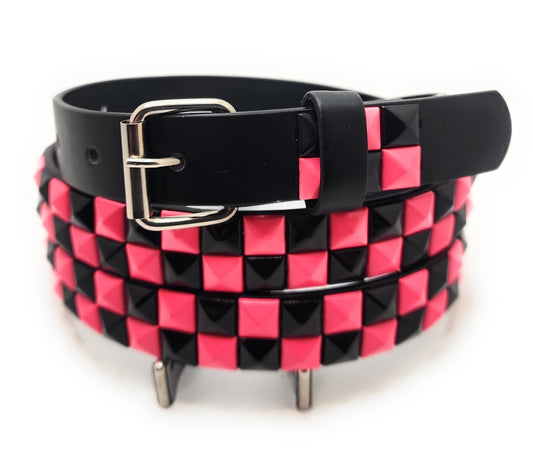 Pink and Black Checker 2-Row Pyramid Studded Belt Punk