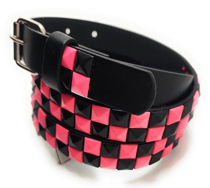 Pink and Black Checker 2-Row Pyramid Studded Belt Punk