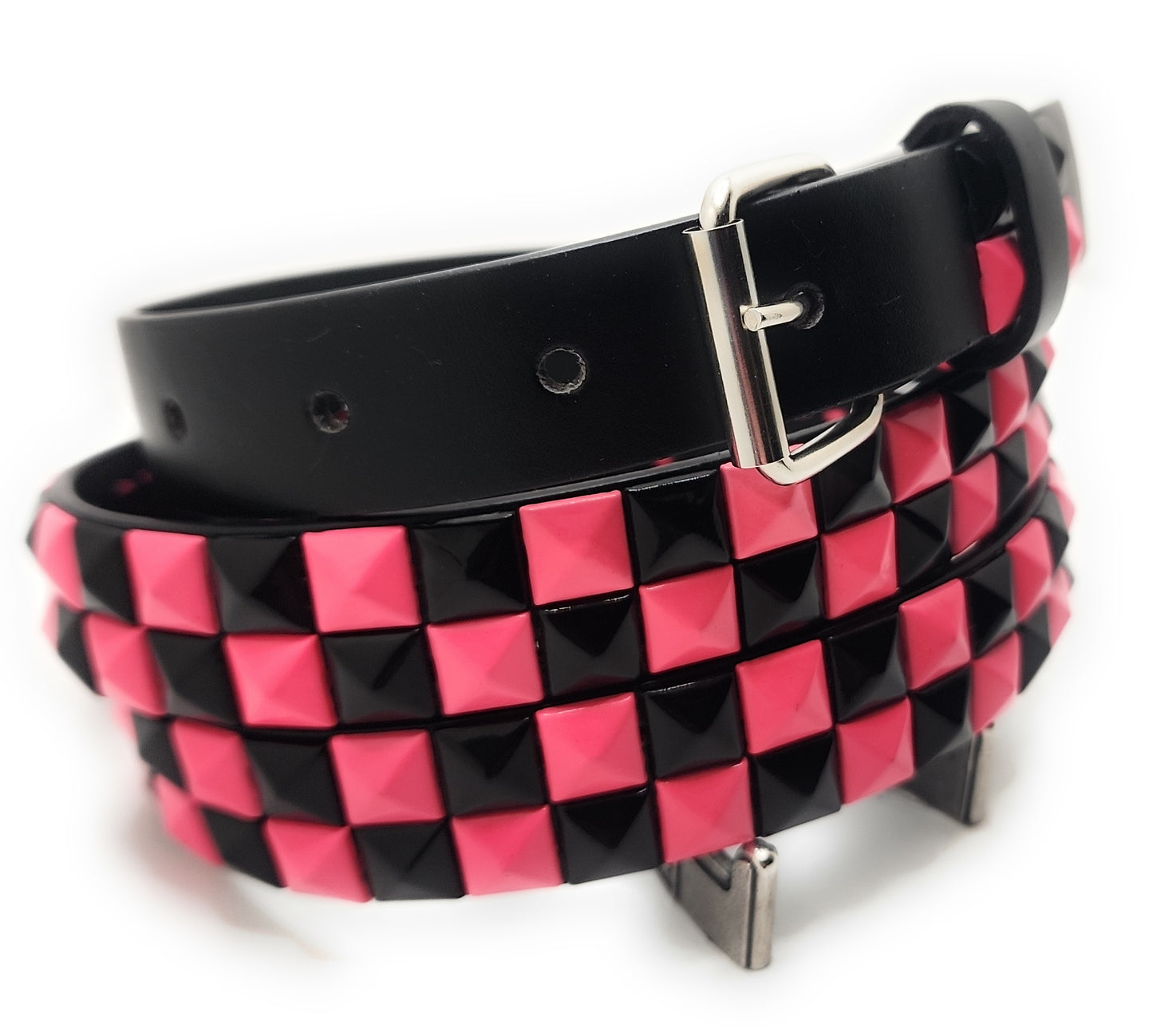 Pink and Black Checker 2-Row Pyramid Studded Belt Punk