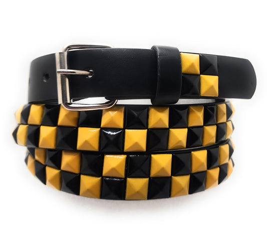 Yellow and Black Checker 2-Row Pyramid Studded Belt Punk