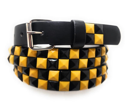 Yellow and Black Checker 2-Row Pyramid Studded Belt Punk