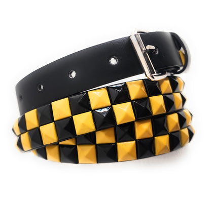Yellow and Black Checker 2-Row Pyramid Studded Belt Punk