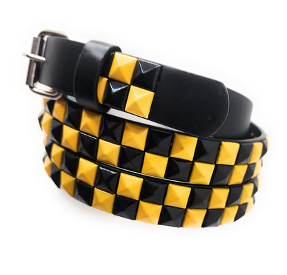 Yellow and Black Checker 2-Row Pyramid Studded Belt Punk