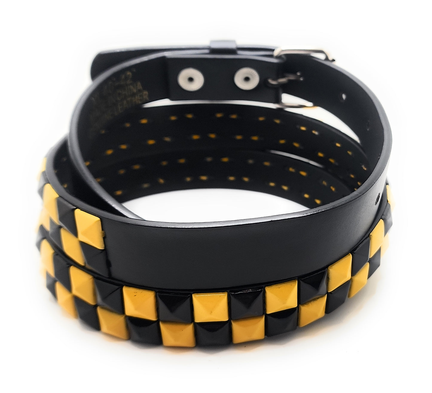 Yellow and Black Checker 2-Row Pyramid Studded Belt Punk