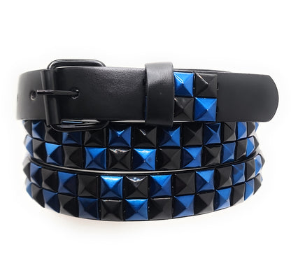 Metallic Blue and Black Checker 2-Row Pyramid Studded Belt Punk