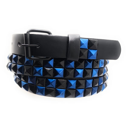 Metallic Blue and Black Checker 2-Row Pyramid Studded Belt Punk