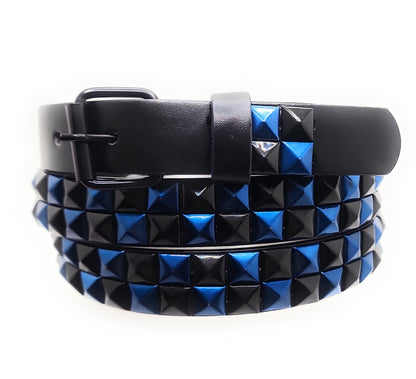Metallic Blue and Black Checker 2-Row Pyramid Studded Belt Punk