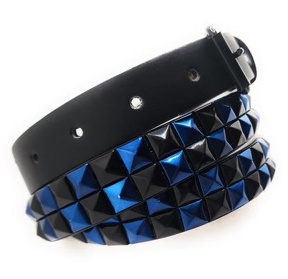 Metallic Blue and Black Checker 2-Row Pyramid Studded Belt Punk