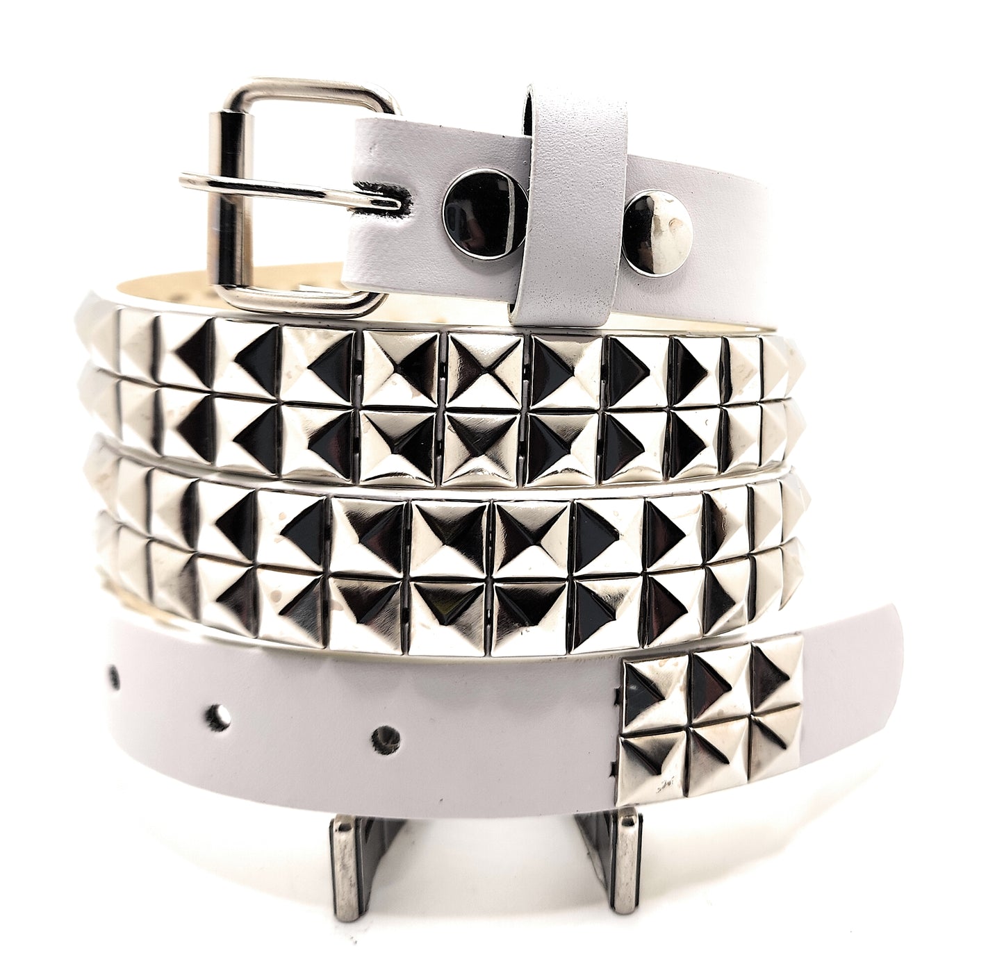 White and Silver 2-Row Pyramid Studded Belt Punk