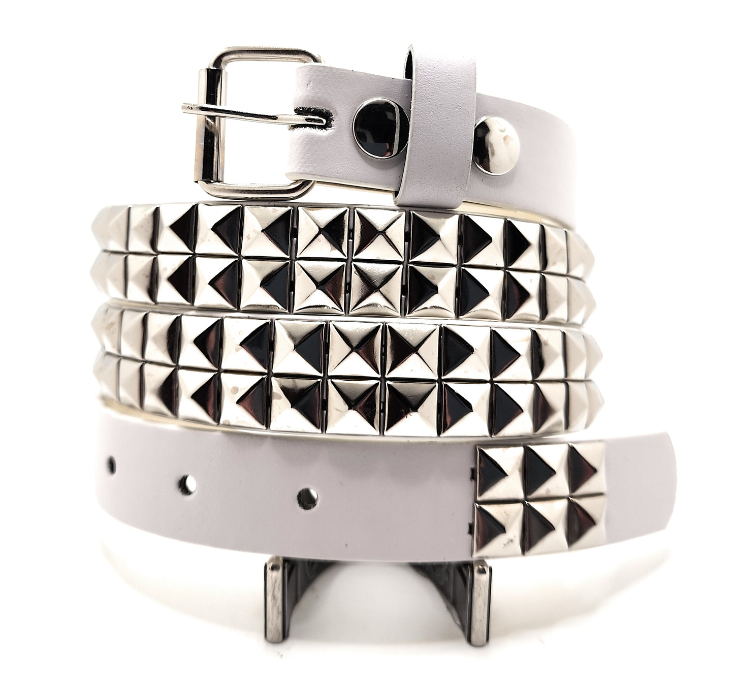White and Silver 2-Row Pyramid Studded Belt Punk