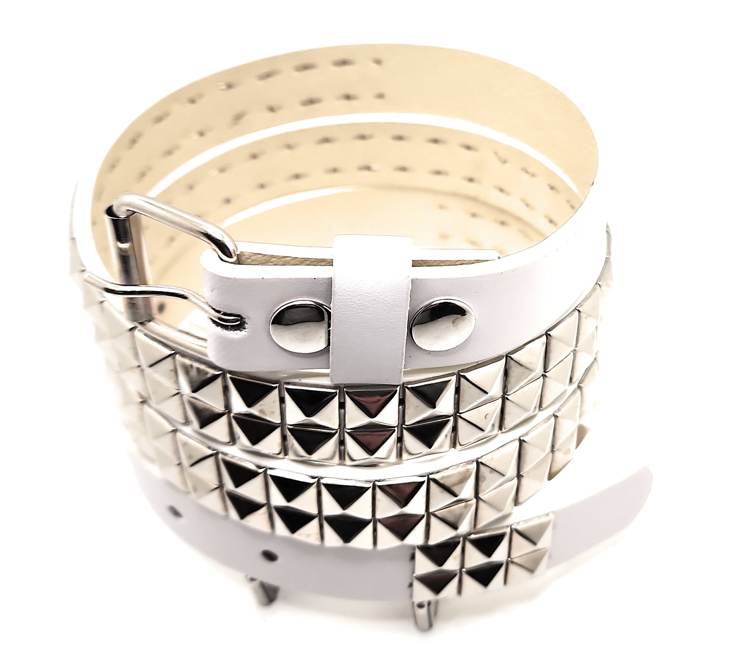 White and Silver 2-Row Pyramid Studded Belt Punk