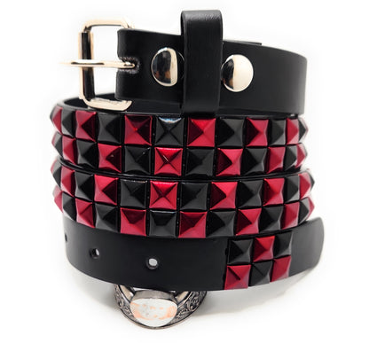 Metallic Red and Black Checker 2-Row Pyramid Studded Belt Punk