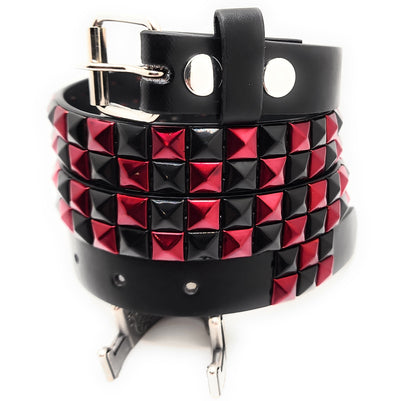 Metallic Red and Black Checker 2-Row Pyramid Studded Belt Punk