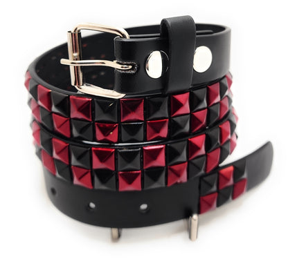 Metallic Red and Black Checker 2-Row Pyramid Studded Belt Punk