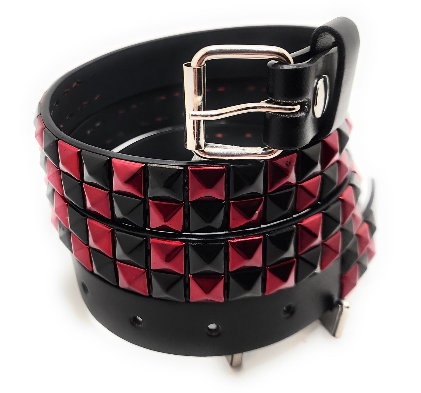 Metallic Red and Black Checker 2-Row Pyramid Studded Belt Punk
