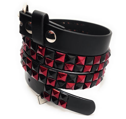 Metallic Red and Black Checker 2-Row Pyramid Studded Belt Punk