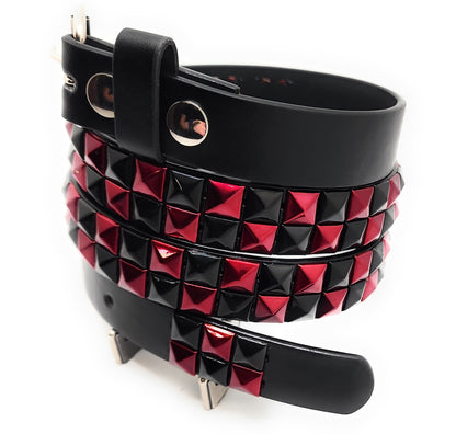 Metallic Red and Black Checker 2-Row Pyramid Studded Belt Punk