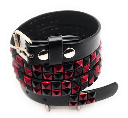Metallic Red and Black Checker 2-Row Pyramid Studded Belt Punk