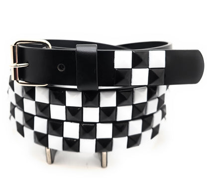 White and Black Checker 2-Row Pyramid Studded Belt Punk