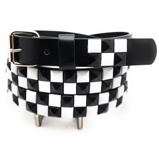 White and Black Checker 2-Row Pyramid Studded Belt Punk