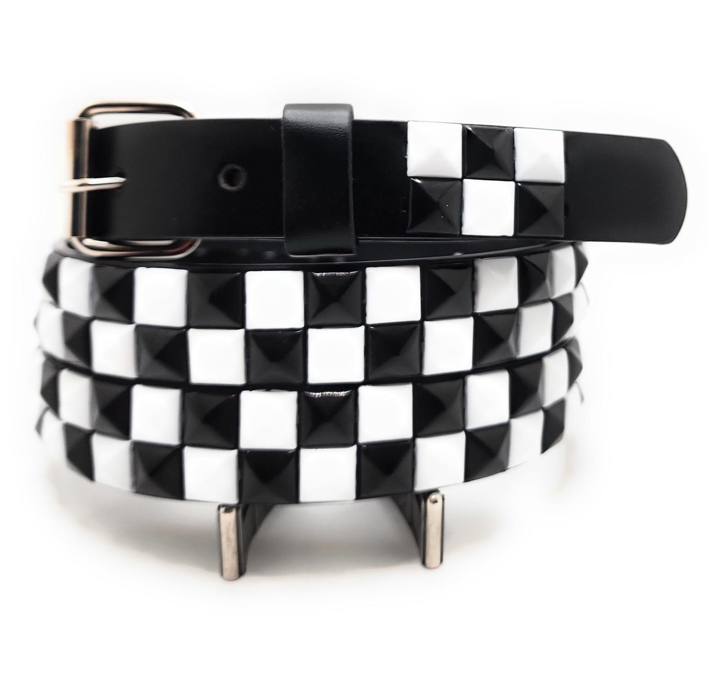 White and Black Checker 2-Row Pyramid Studded Belt Punk