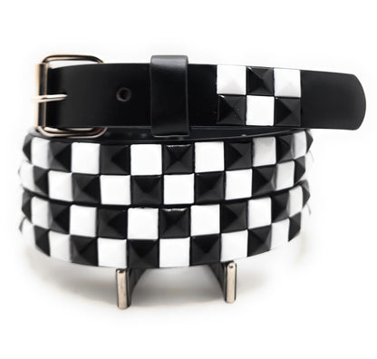 White and Black Checker 2-Row Pyramid Studded Belt Punk